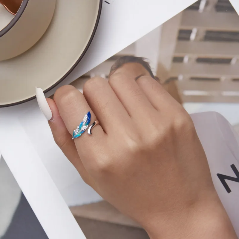 (image for) Pandora Style Dazzling Blue Feather Open Ring - BSR301 - View 6