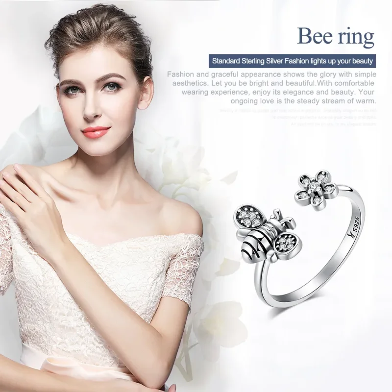 (image for) Pandora Style Silver Bee and Flower Ring - SCR086 - View 2