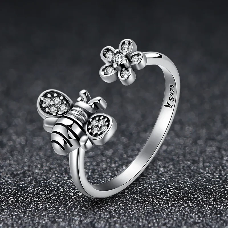 (image for) Pandora Style Silver Bee and Flower Ring - SCR086 - View 3