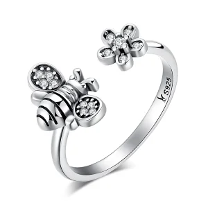 Pandora Style Silver Bee and Flower Ring - SCR086 (image for) Pandora Style Silver Bee and Flower Ring - SCR086