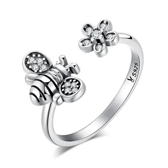 (image for) Pandora Style Silver Bee and Flower Ring - SCR086