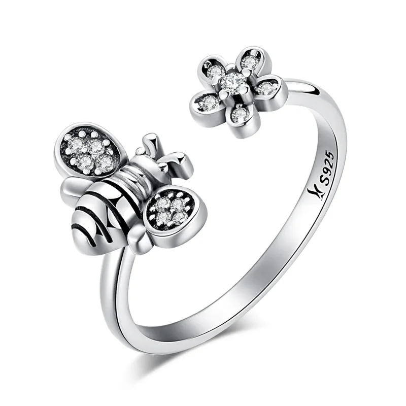 (image for) Pandora Style Silver Bee and Flower Ring - SCR086