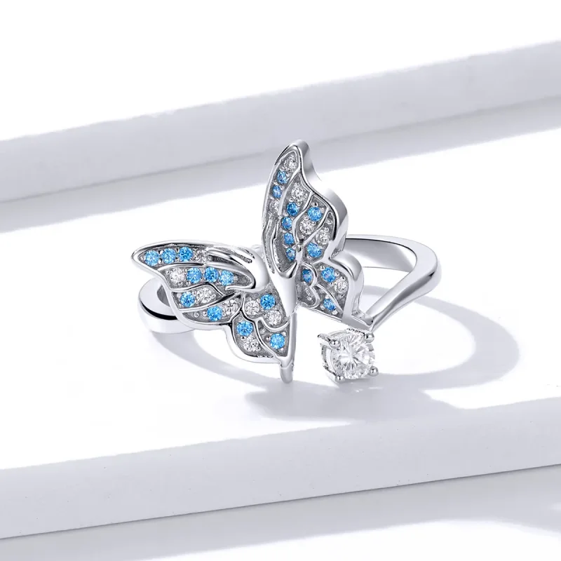(image for) Pandora Style Silver Butterfly Wing Open Ring - BSR098 - View 2