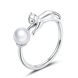 (image for) Pandora Style Silver Cat Plays Ball Open Ring - SCR683