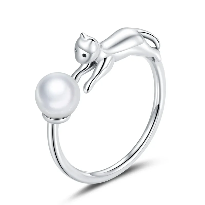 (image for) Pandora Style Silver Cat Plays Ball Open Ring - SCR683