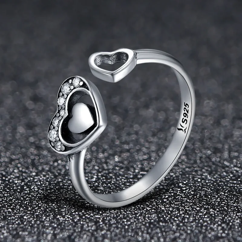 (image for) Pandora Style Silver Concomitant Two Hearts Ring - SCR168 - View 3