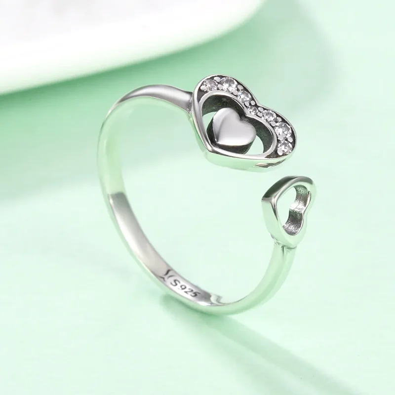 (image for) Pandora Style Silver Concomitant Two Hearts Ring - SCR168 - View 4