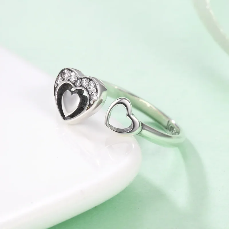 (image for) Pandora Style Silver Concomitant Two Hearts Ring - SCR168 - View 5
