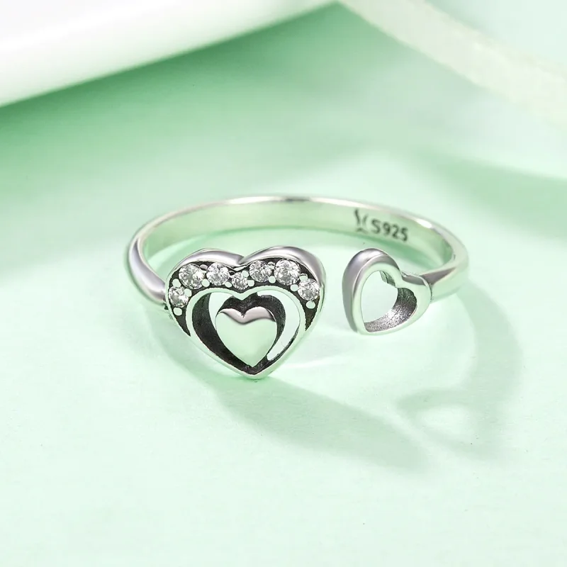 (image for) Pandora Style Silver Concomitant Two Hearts Ring - SCR168 - View 6