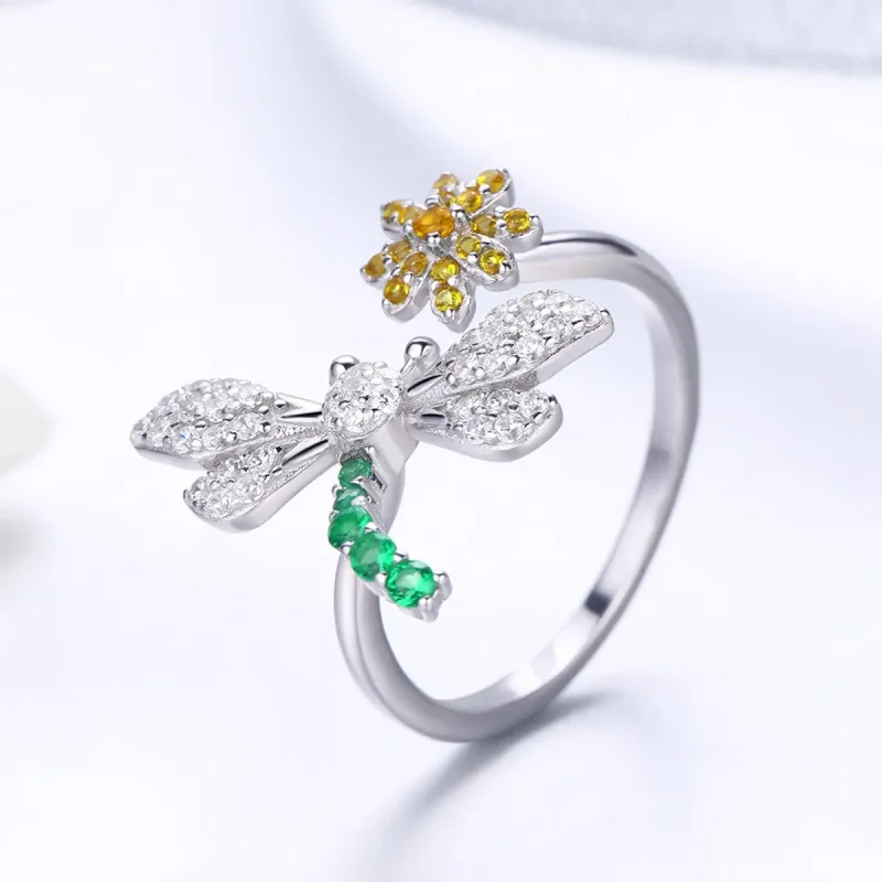 (image for) Pandora Style Silver Dragonfly & Daisy Ring - SCR426 - View 2