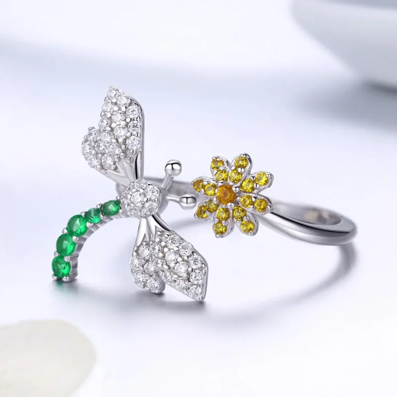 (image for) Pandora Style Silver Dragonfly & Daisy Ring - SCR426 - View 3