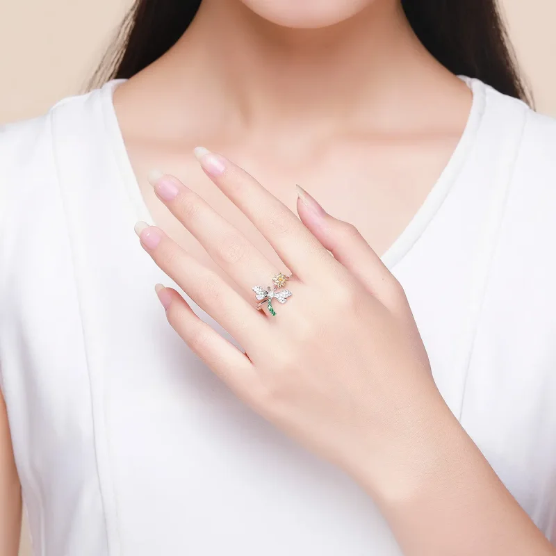 (image for) Pandora Style Silver Dragonfly & Daisy Ring - SCR426 - View 5