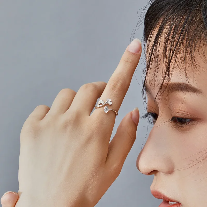 (image for) Pandora Style Silver Ginkgo Leaf Open Ring - BSR097 - View 7