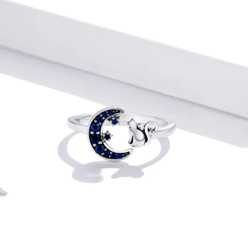 (image for) Pandora Style Silver Moon & Cat Open Ring - SCR677 - View 2