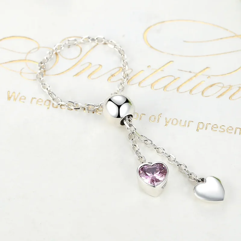 (image for) Pandora Style Silver Pink Heart Chain Ring - SCR015 - View 3