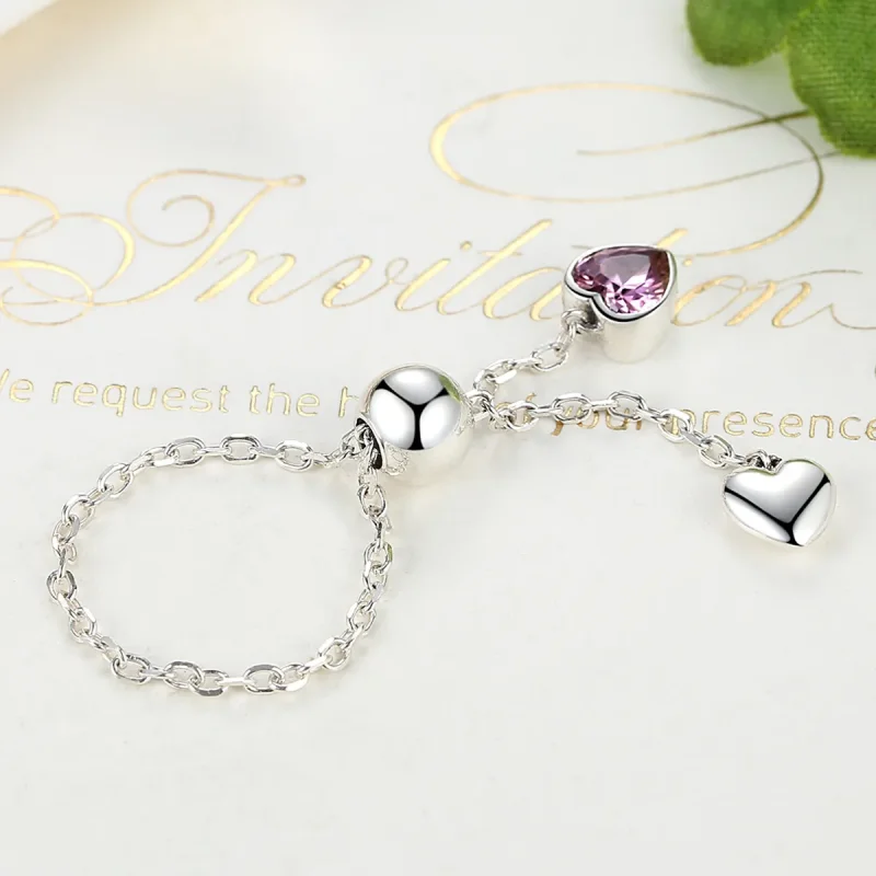 (image for) Pandora Style Silver Pink Heart Chain Ring - SCR015 - View 4