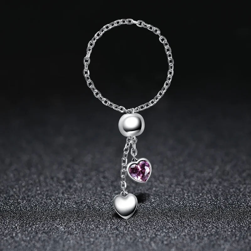 (image for) Pandora Style Silver Pink Heart Chain Ring - SCR015 - View 6