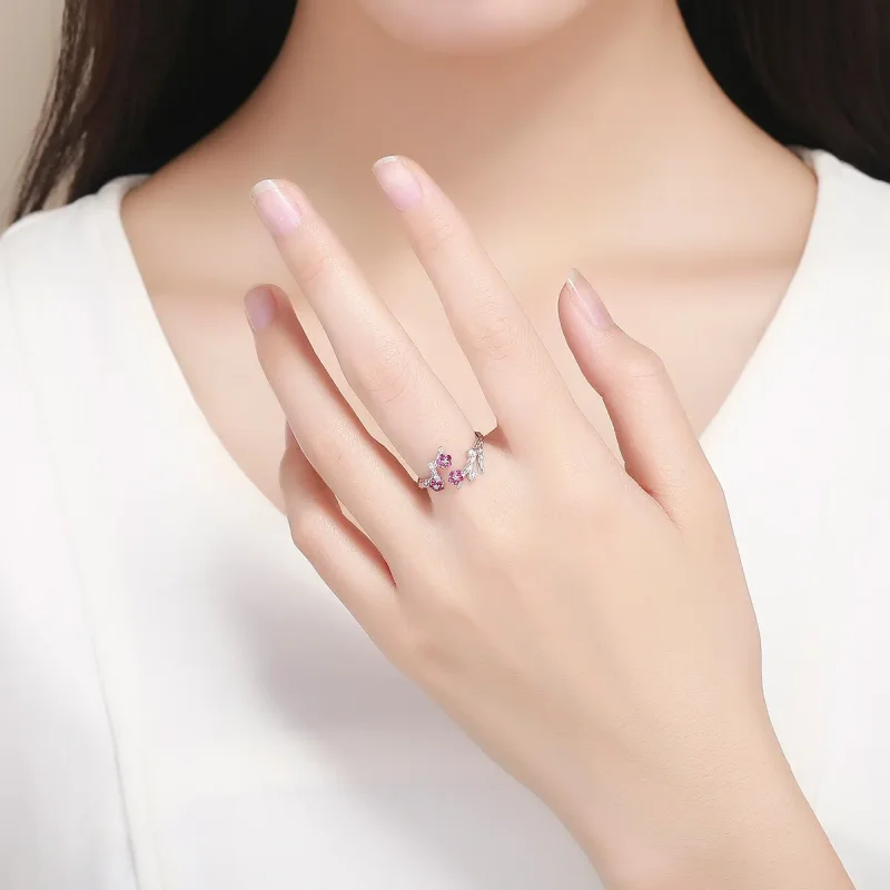 (image for) Pandora Style Silver Plum blossom Open Ring - BSR022 - View 5