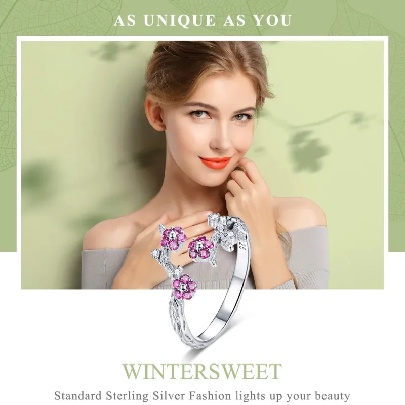 (image for) Pandora Style Silver Plum blossom Open Ring - BSR022 - View 6