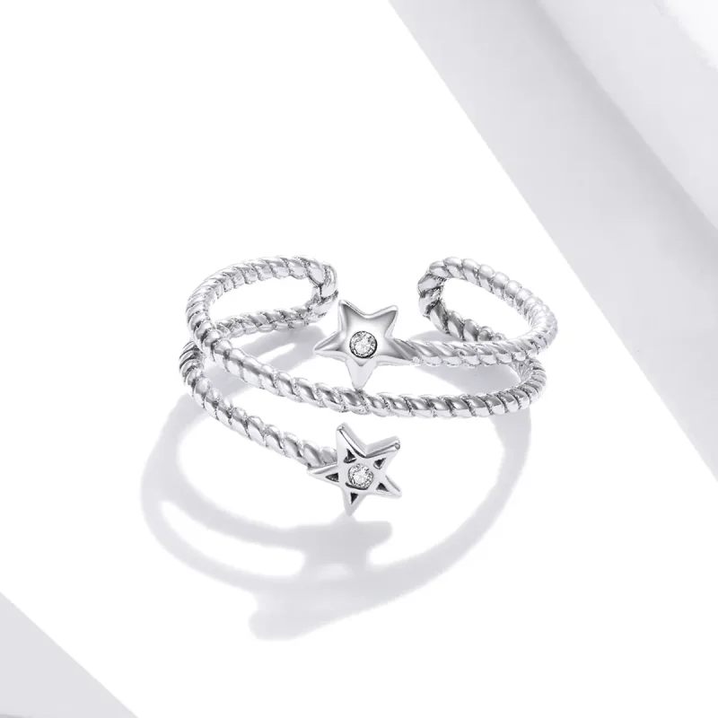 (image for) Pandora Style Silver Two-Stars Open Ring - SCR718 - View 3