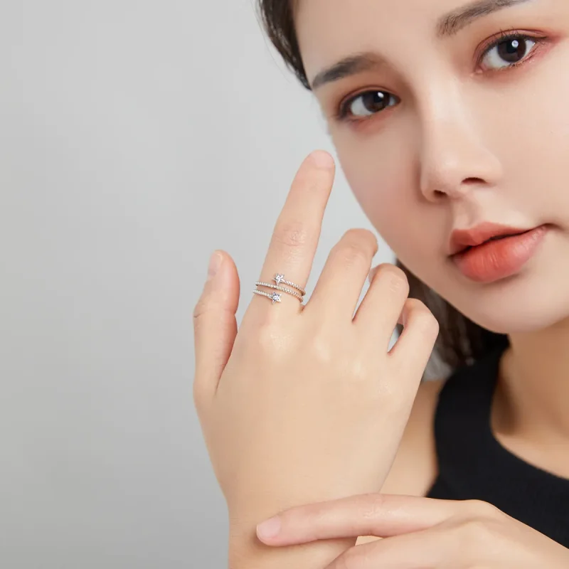 (image for) Pandora Style Silver Two-Stars Open Ring - SCR718 - View 5