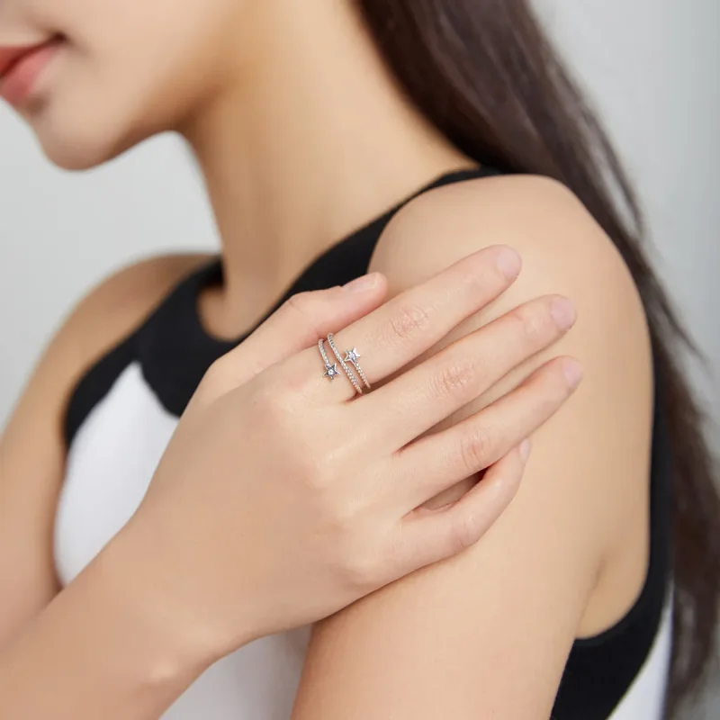 (image for) Pandora Style Silver Two-Stars Open Ring - SCR718 - View 6