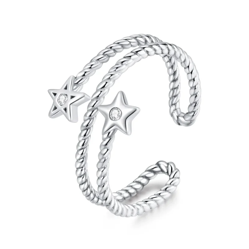 (image for) Pandora Style Silver Two-Stars Open Ring - SCR718