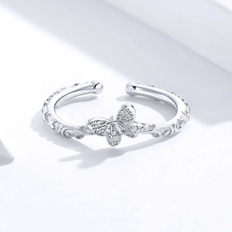 (image for) Pandora Style Silver Vintage Patterned Butterfly Open Ring - SCR634 - View 3