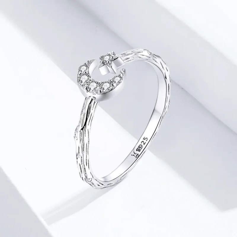 (image for) Pandora Style Silver Vintage Star Moon Open Ring - SCR638 - View 2