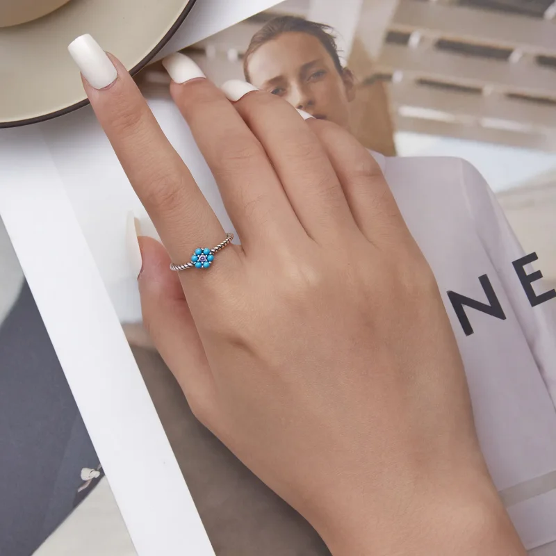 (image for) Pandora Style Turquoise Florets Open Ring - SCR884 - View 5