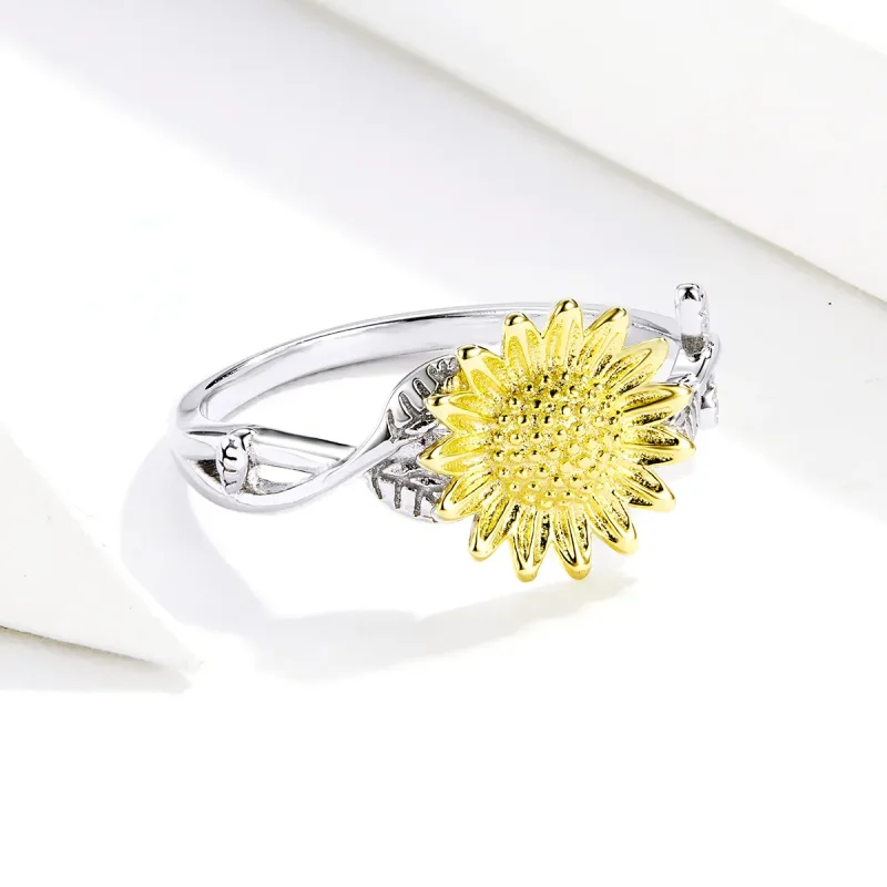 (image for) Pandora Style Two Tone Bicolor Golden Sunflowers Open Ring - SCR596 - View 2