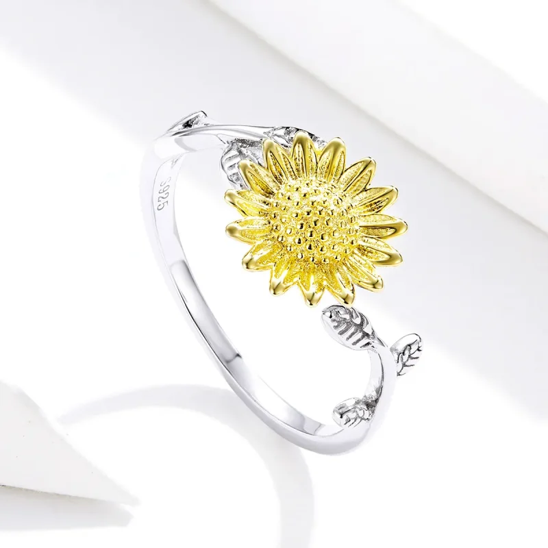 (image for) Pandora Style Two Tone Bicolor Golden Sunflowers Open Ring - SCR596 - View 4