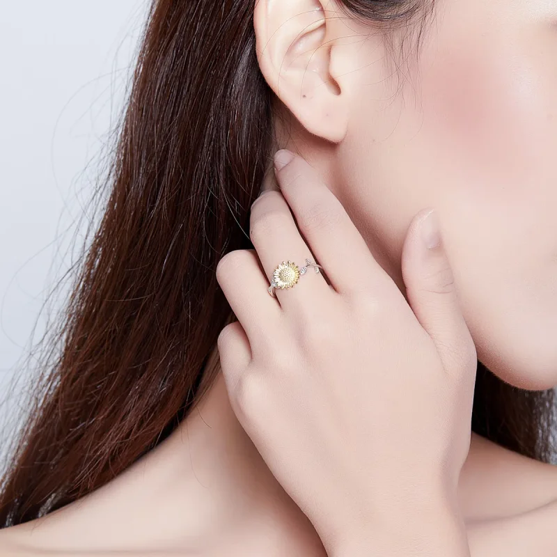 (image for) Pandora Style Two Tone Bicolor Golden Sunflowers Open Ring - SCR596 - View 6