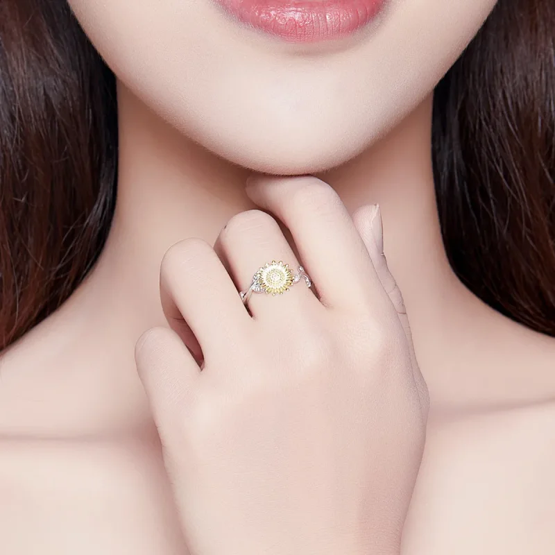 (image for) Pandora Style Two Tone Bicolor Golden Sunflowers Open Ring - SCR596 - View 7