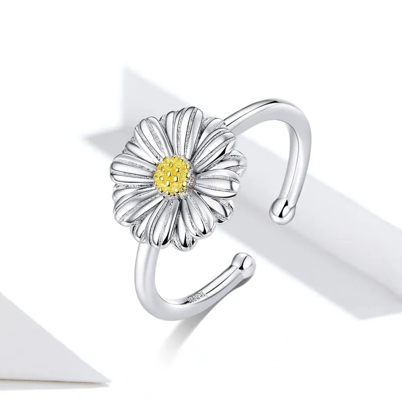 (image for) Pandora Style Two Tone Daisy Flower Open Ring - SCR616 - View 2