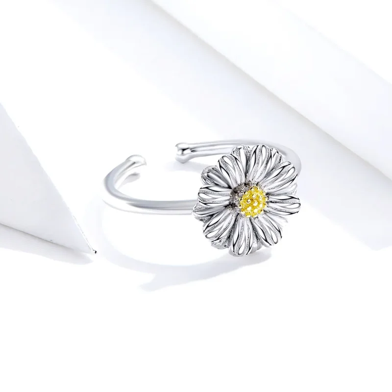 (image for) Pandora Style Two Tone Daisy Flower Open Ring - SCR616 - View 3