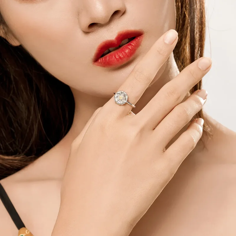 (image for) Pandora Style Two Tone Daisy Flower Open Ring - SCR616 - View 5