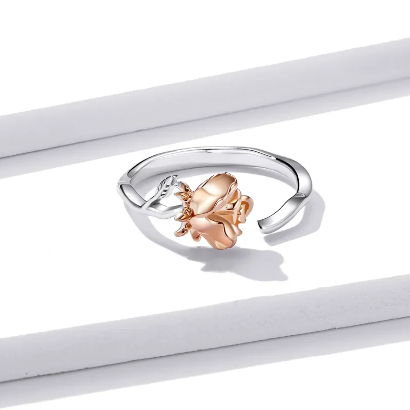 (image for) Pandora Style Two Tone Rose Gold Flower Open Ring - BSR134 - View 3