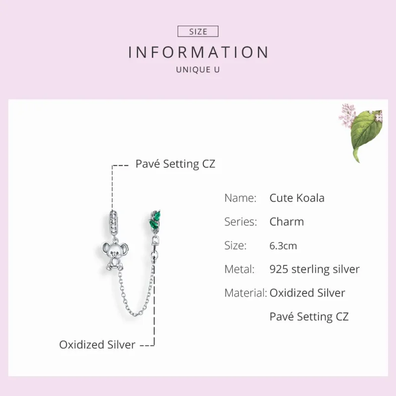 (image for) Pandora Style Silver Cute Koala Safety Chain - SCC1523 - View 7