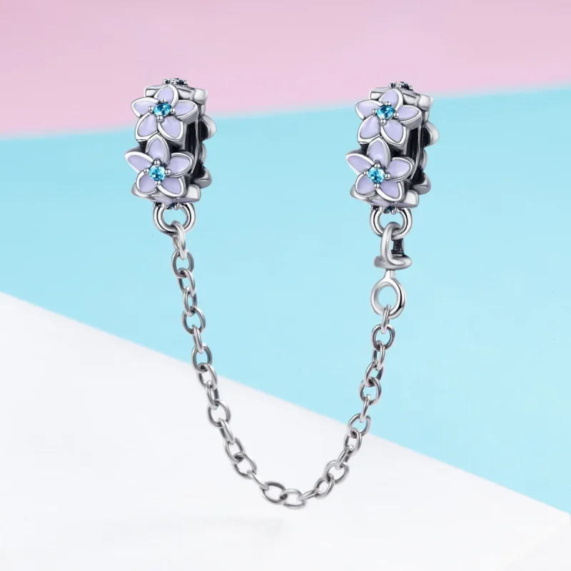 (image for) Pandora Style Silver Purple Flowers Safety Chain - SCC602 - View 3