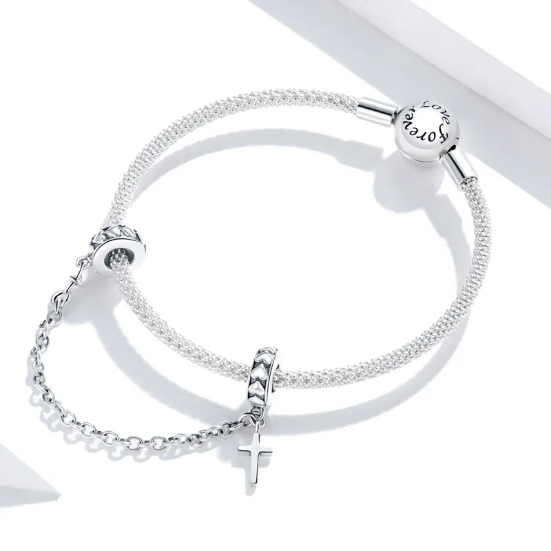 (image for) Pandora Style Silver Simple Cross Safety Chain - BSC362 - View 3