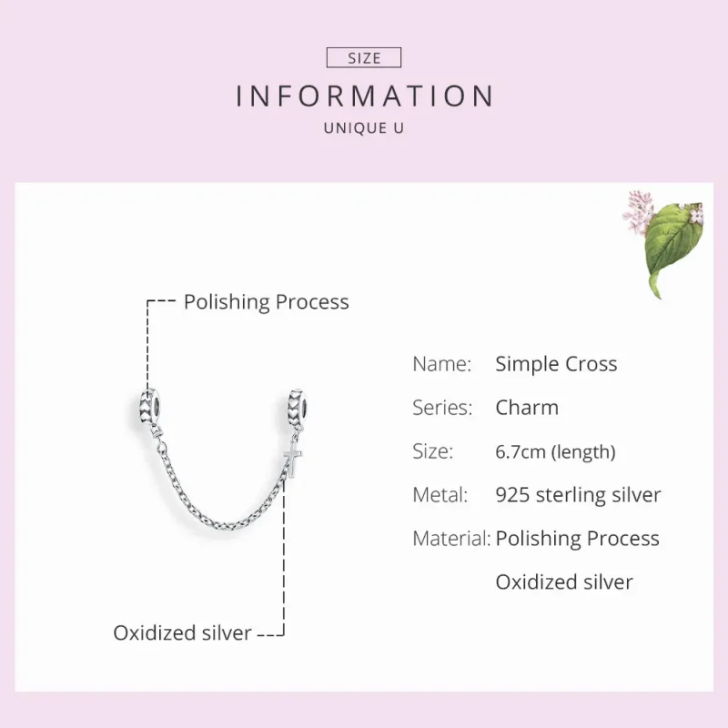 (image for) Pandora Style Silver Simple Cross Safety Chain - BSC362 - View 7