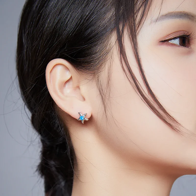 (image for) Pandora Style Blue Starfish Stud Earrings - SCE886 - View 6