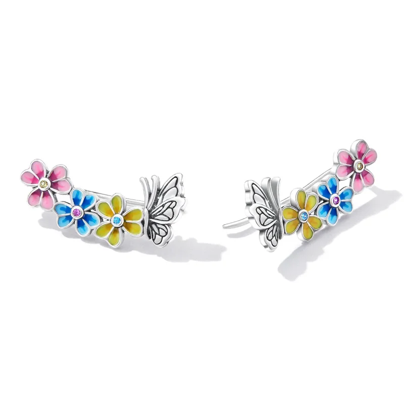 (image for) Pandora Style Butterfly Flower Stud Earrings - SCE1393 - View 4