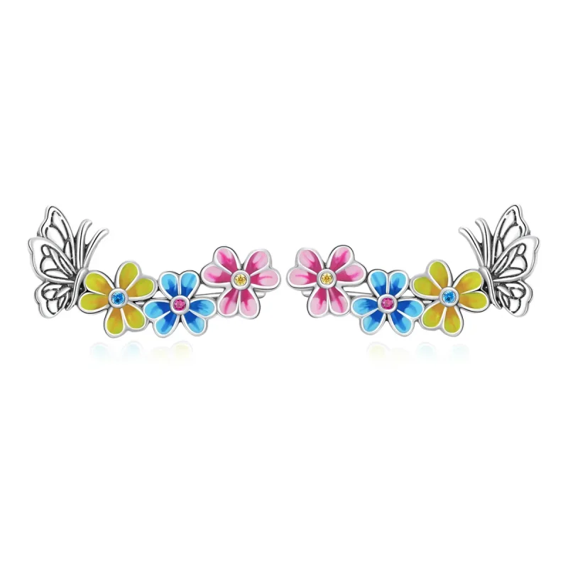 (image for) Pandora Style Butterfly Flower Stud Earrings - SCE1393