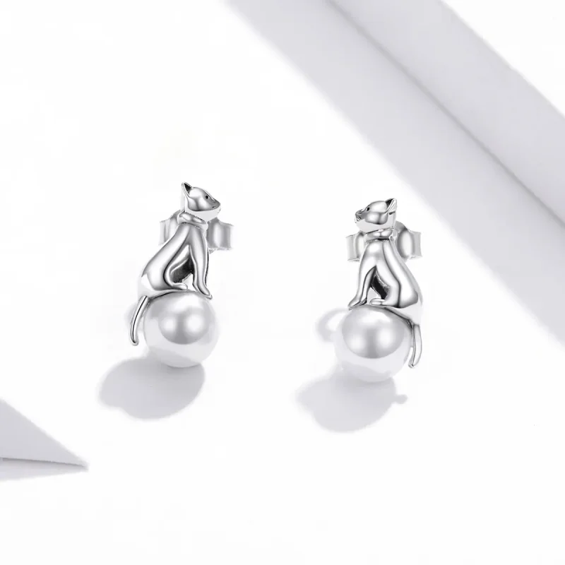 (image for) Pandora Style Cat Play Beads Stud Earrings - SCE1004 - View 2