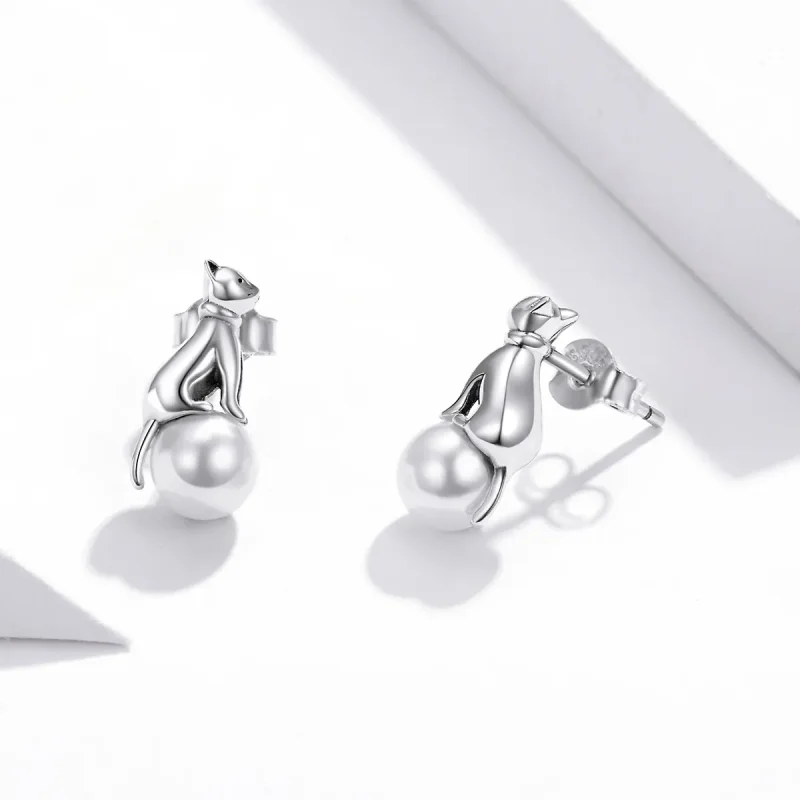 (image for) Pandora Style Cat Play Beads Stud Earrings - SCE1004 - View 3