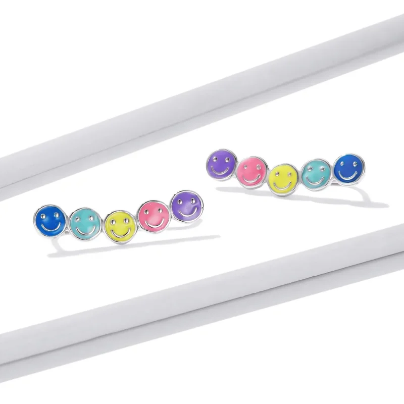 (image for) Pandora Style Colorful Smiley Face Stud Earrings - BSE553 - View 2