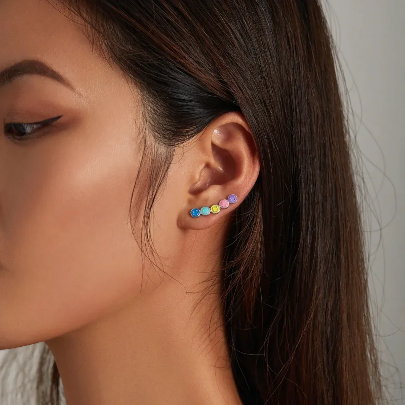 (image for) Pandora Style Colorful Smiley Face Stud Earrings - BSE553 - View 7