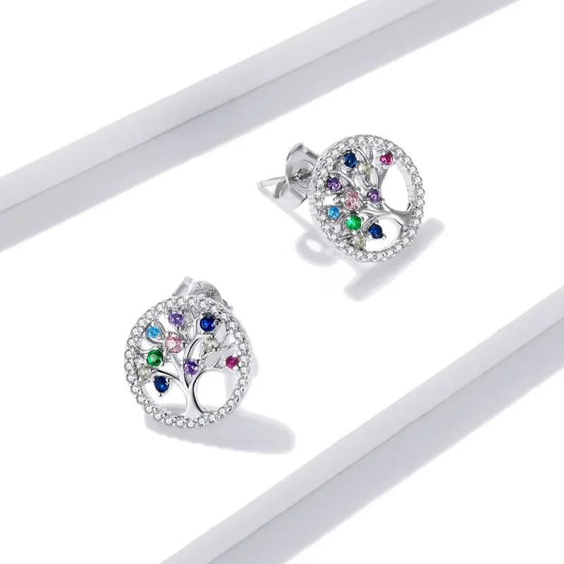 (image for) Pandora Style Colorful Tree of Life Stud Earrings - BSE497 - View 2